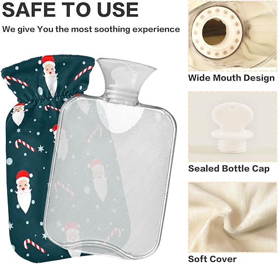 Kigai Christmas Santa Claus Hot Water Bottle, 1L Transparent Hot Water Bag Washable Heat Resistant Water Bottle with Soft Plush Cover for Menstrual Cramps Neck and Shoulder Pain Relief