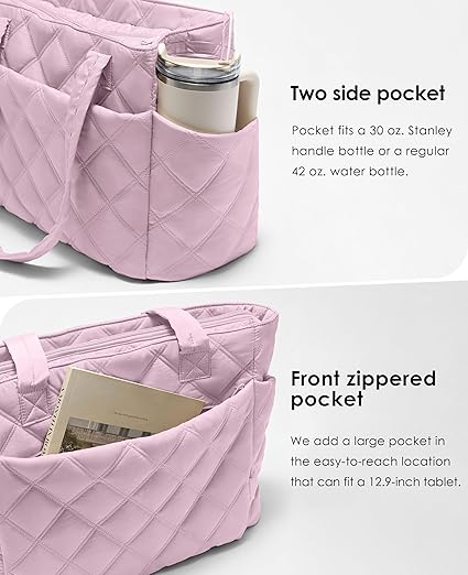 Tote Bag for Women, Lightweight Puffer Tote Work Bags with Compartments for Travel, Quilted Shoulder Bag with Zipper