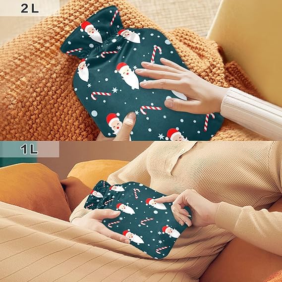 Kigai Christmas Santa Claus Hot Water Bottle, 1L Transparent Hot Water Bag Washable Heat Resistant Water Bottle with Soft Plush Cover for Menstrual Cramps Neck and Shoulder Pain Relief