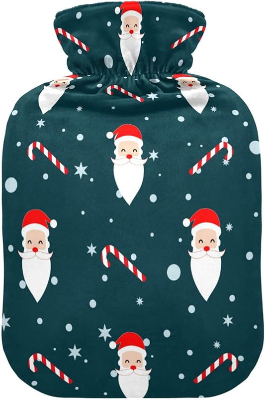 Kigai Christmas Santa Claus Hot Water Bottle, 1L Transparent Hot Water Bag Washable Heat Resistant Water Bottle with Soft Plush Cover for Menstrual Cramps Neck and Shoulder Pain Relief