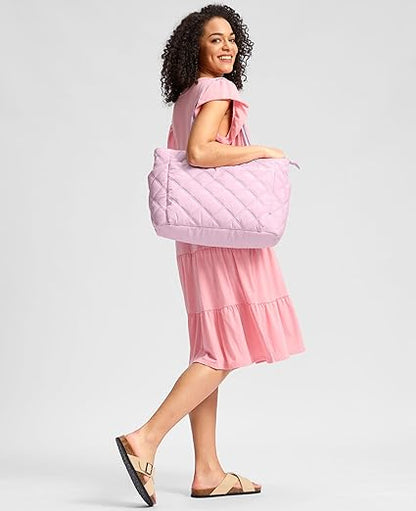 Tote Bag for Women, Lightweight Puffer Tote Work Bags with Compartments for Travel, Quilted Shoulder Bag with Zipper